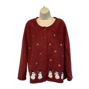 Croft & Barrow Sports Womens Fleece Cardigan Sweater Plus Sz 1X Snowman Mahogany